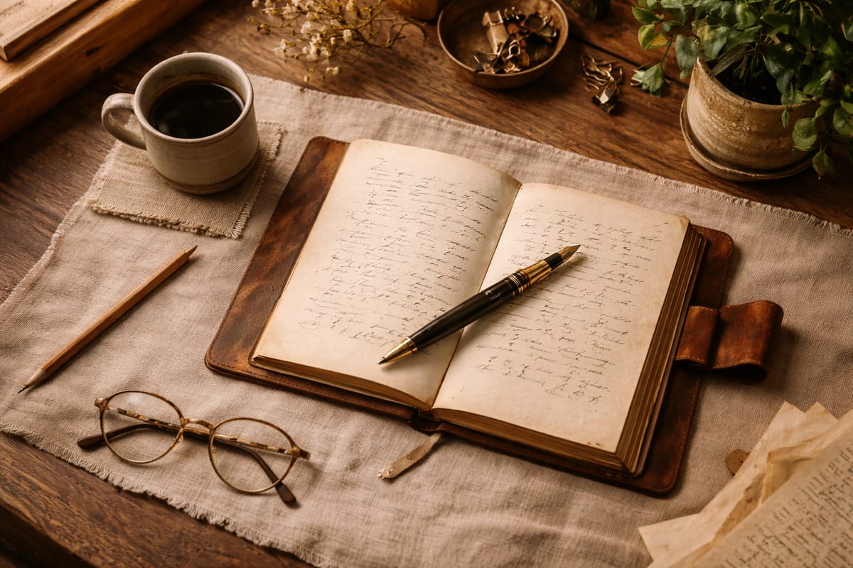A leather-bound journal on warm linen with fountain pen, reading glasses, a pottery coffee cup, and a potted plant — editorial still life evoking craft, care, and intention