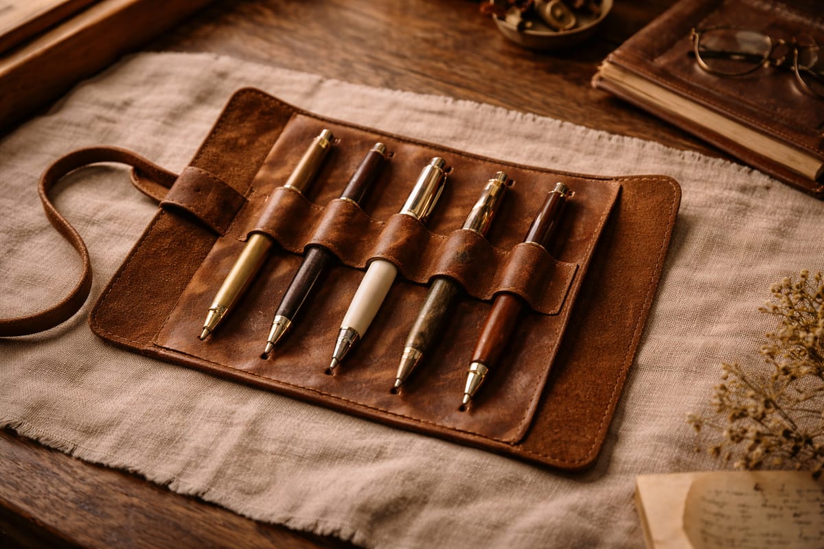 An unrolled cognac leather pen case laid open on a warm linen tablecloth, holding five distinct vintage fountain pens in individual leather loops — a metaphor for the Coda One extension's five tools rolled up and ready to travel