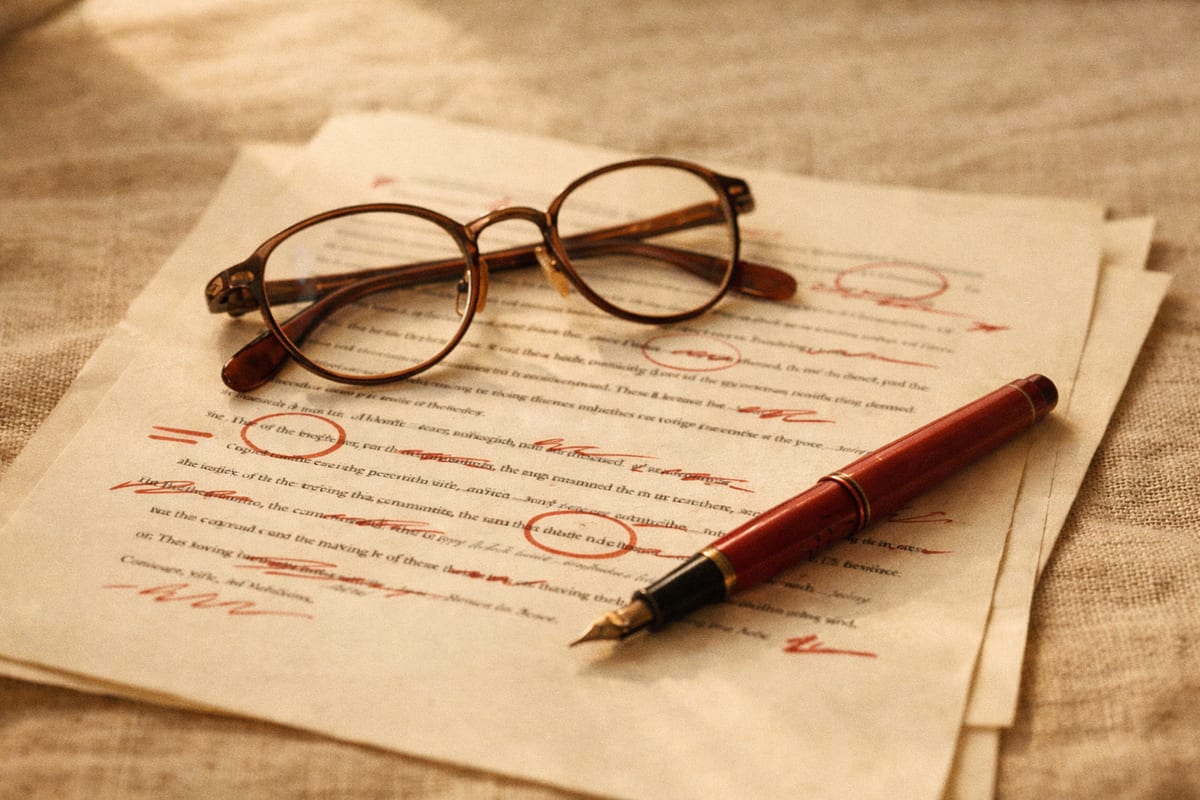 Reading glasses, a red fountain pen, and marked-up pages spread across a warm desk during a close editorial review