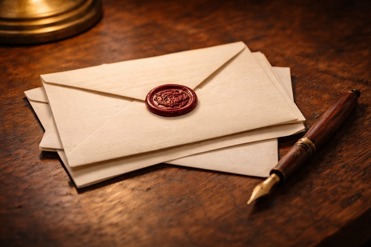 Wax-sealed envelopes, a fountain pen, and cream stationery arranged on a warm desk like an editorial still life