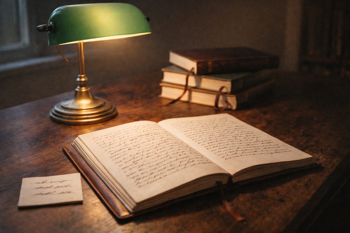 A student's notebook open on a wooden desk with handwritten equations, a mechanical pencil resting on the page, warm natural light from a nearby window
