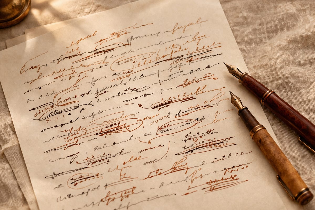 A manuscript page covered with blue and red rewrite marks beside a fountain pen on a warm cream writing desk