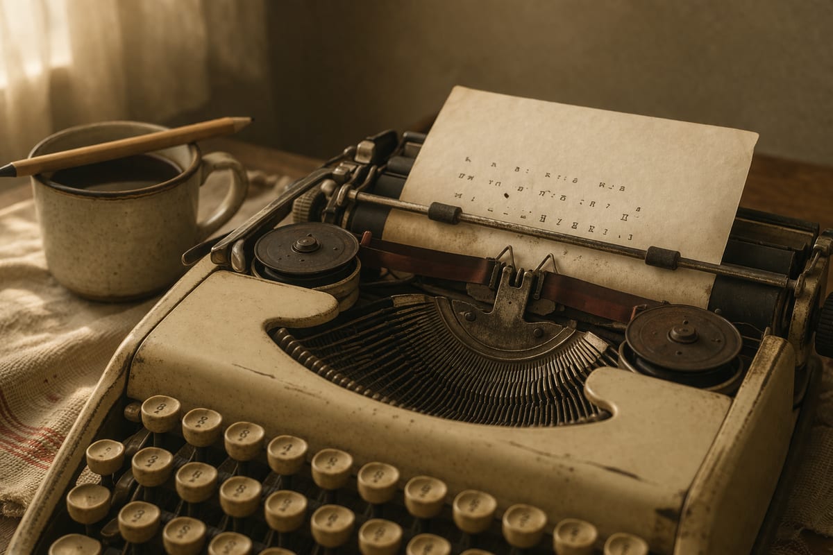 A stack of typed pages, a fountain pen, and a leather notebook on a warm writing desk lit by afternoon light