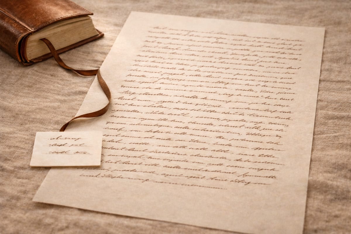 A thick open book on a warm writing desk beside a small summary card and fountain pen, lit like an editorial still life