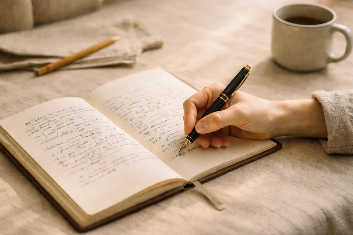 A writer's hand holding a fountain pen actively writing cursive in an open leather journal, a ceramic coffee mug and linen napkin around it, on a warm cream tablecloth in natural window light