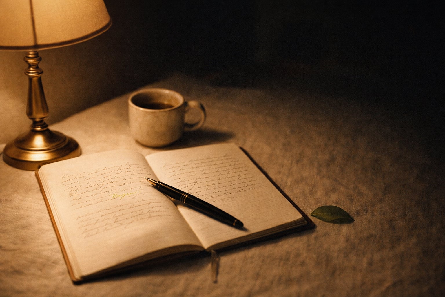 A writer's journal illuminated by warm lamp light at night, full of handwritten pages with a fountain pen resting beside a coffee cup