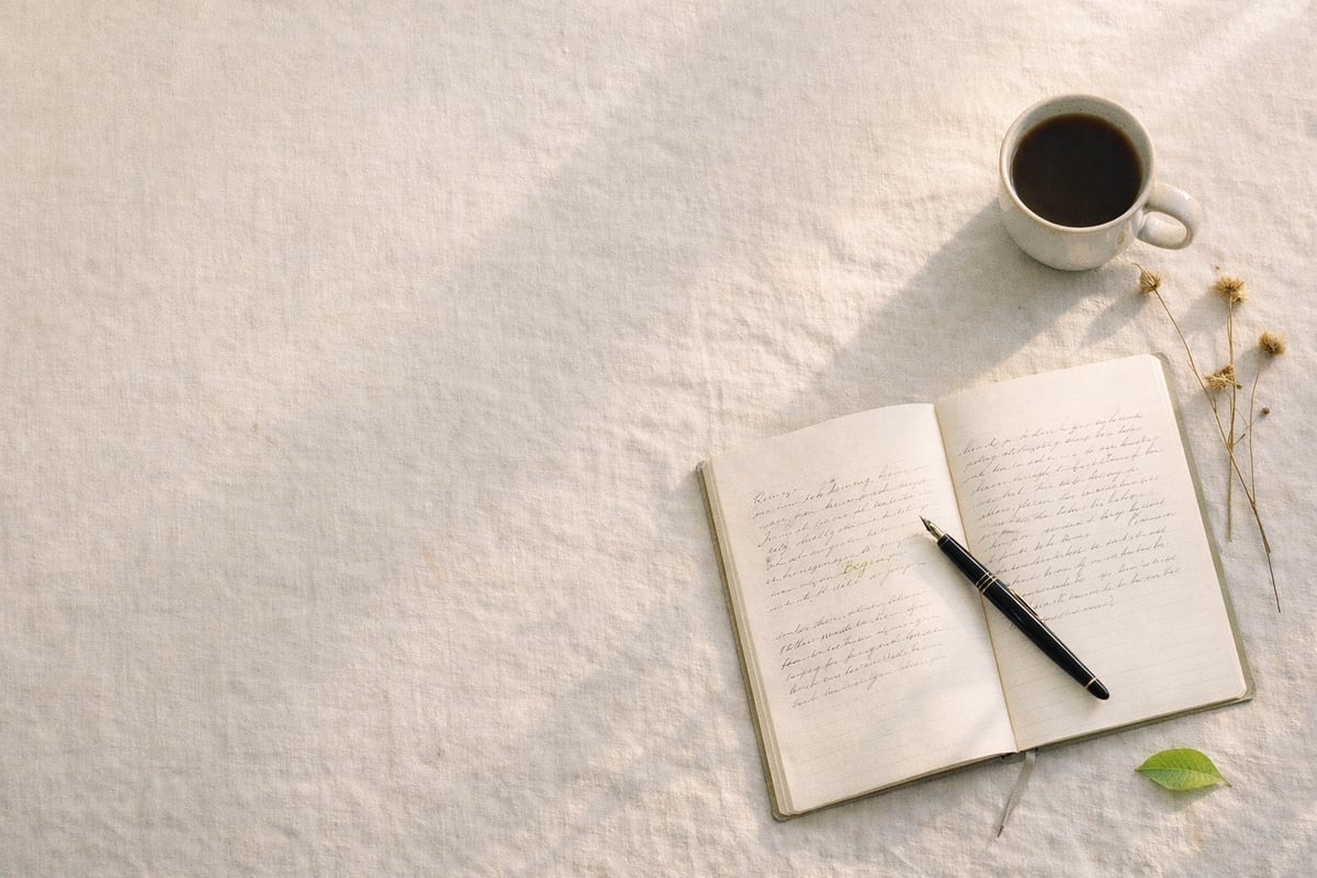 A writer's journal, fountain pen, coffee cup, and dried flowers on cream linen in warm morning light
