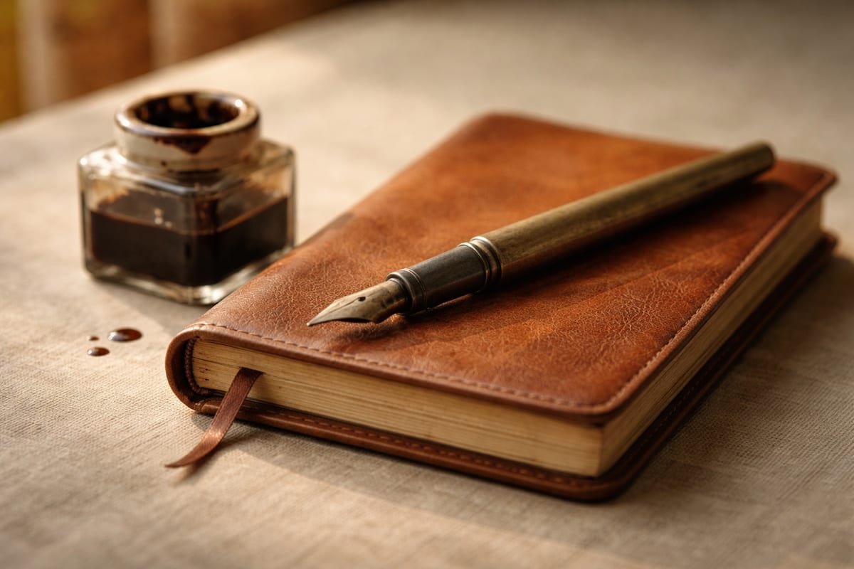 A fountain pen resting beside a closed journal and a stack of pages on a warm writing desk